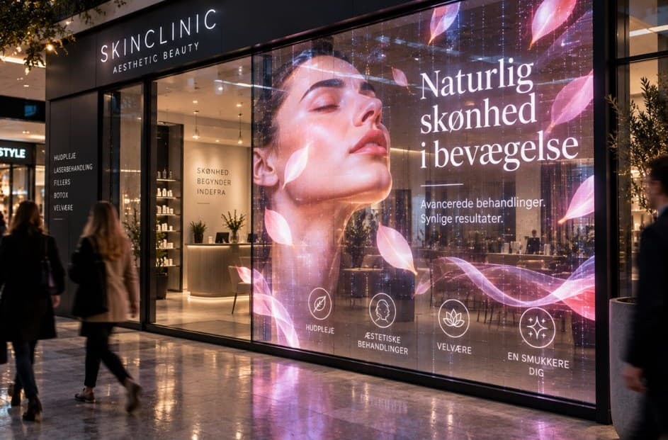 Visualisering af en butiksfacade, hvor ruden viser en kampagne, mens butikken bagved stadig ses.
