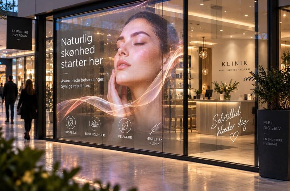 Glasparti ind til en klinik. Den venstre rude er mat, den højre er klar, så receptionen bagved ses.